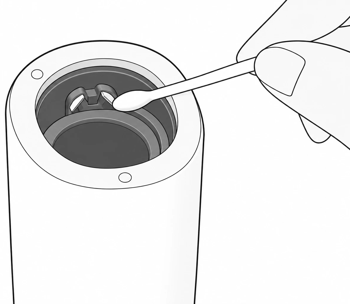 本体上部の装着口を綿棒で拭いているイラスト
