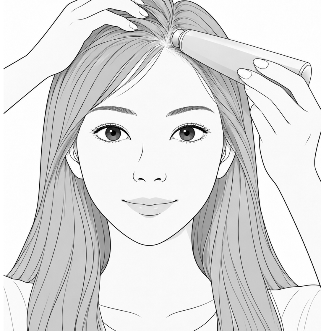 髪の生え際に本体を当てているイラスト